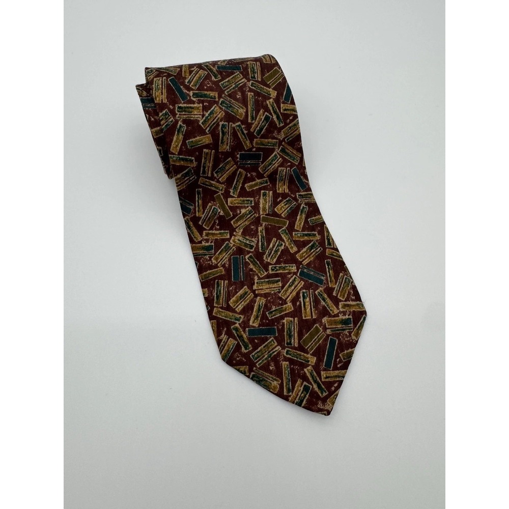 Beltrami 100% Silk Tie Burgundy Geometric Pattern Green Gold Made in Korea